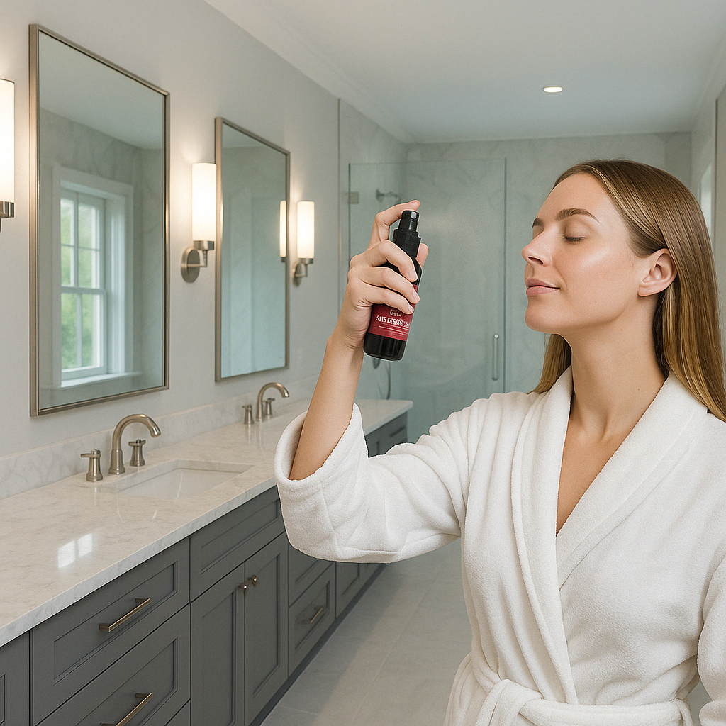 Woman in a bathroom in a white robe holding River Refresh Hypochlorous Facial Mist bottle spraying her face.