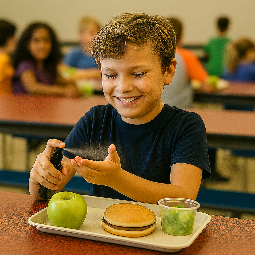 Child in a lunchroom setting, with food on a tray, spraying their hands with River Refresh Hypochlorous Acid Hand & Body spray