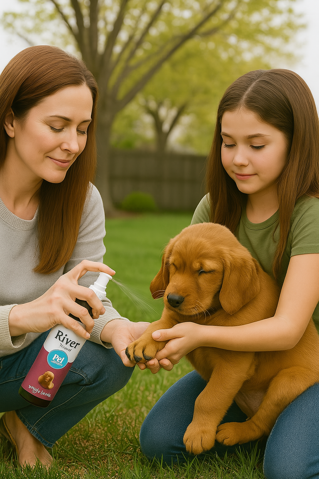 Woman and young girl outdoors with a puppy, spraying River Refresh Pet Hypochlorous on their puppy's paw.