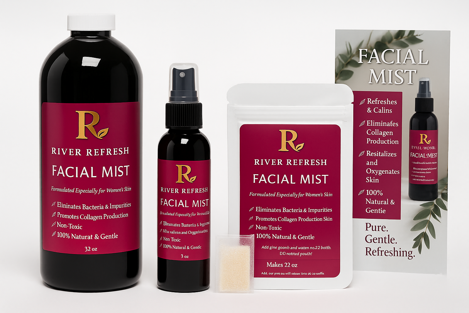 River Refresh Hypochlorous Facial Mist products including a bottle, spray, and packaging on a white background.