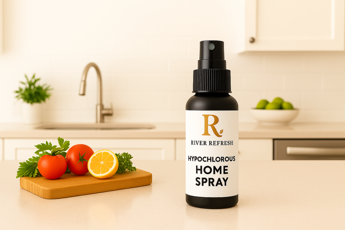 Hypochlorous Acid HOCl kitchen home spray bottle on countertop; River Refresh non-toxic cleaner for sanitizing cutting boards and produce surfaces near the kitchen sink