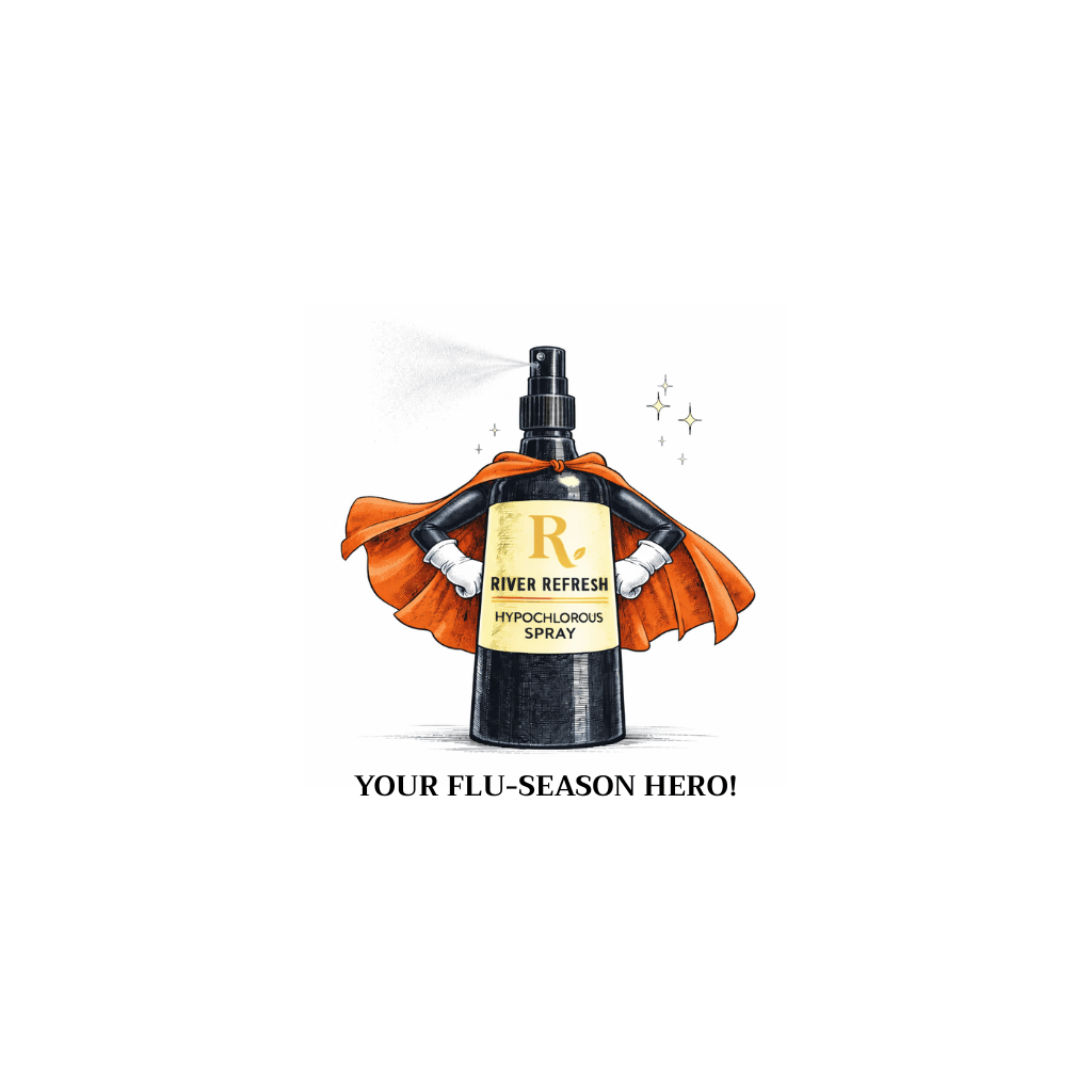 Hypochlorous acid HOCl flu-season hero graphic; River Refresh spray bottle with a cape and mascot arms on a white background to illustrate industrial-strength viral protection for a healthy home.