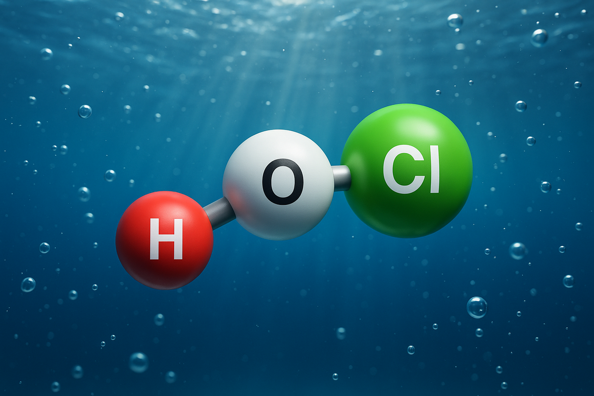 Hypochlorous acid HOCl molecular structure with hydrogen oxygen and chlorine atoms; River Refresh tiny molecule floating in a blue water bubble background to demonstrate high-performance cleaning science.