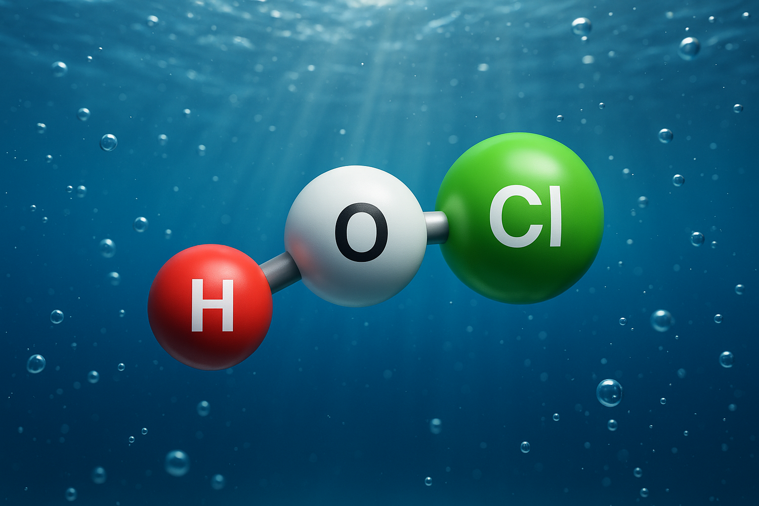 Hypochlorous acid HOCl molecular structure with hydrogen oxygen and chlorine atoms; River Refresh tiny molecule floating in a blue water bubble background to demonstrate high-performance cleaning science.
