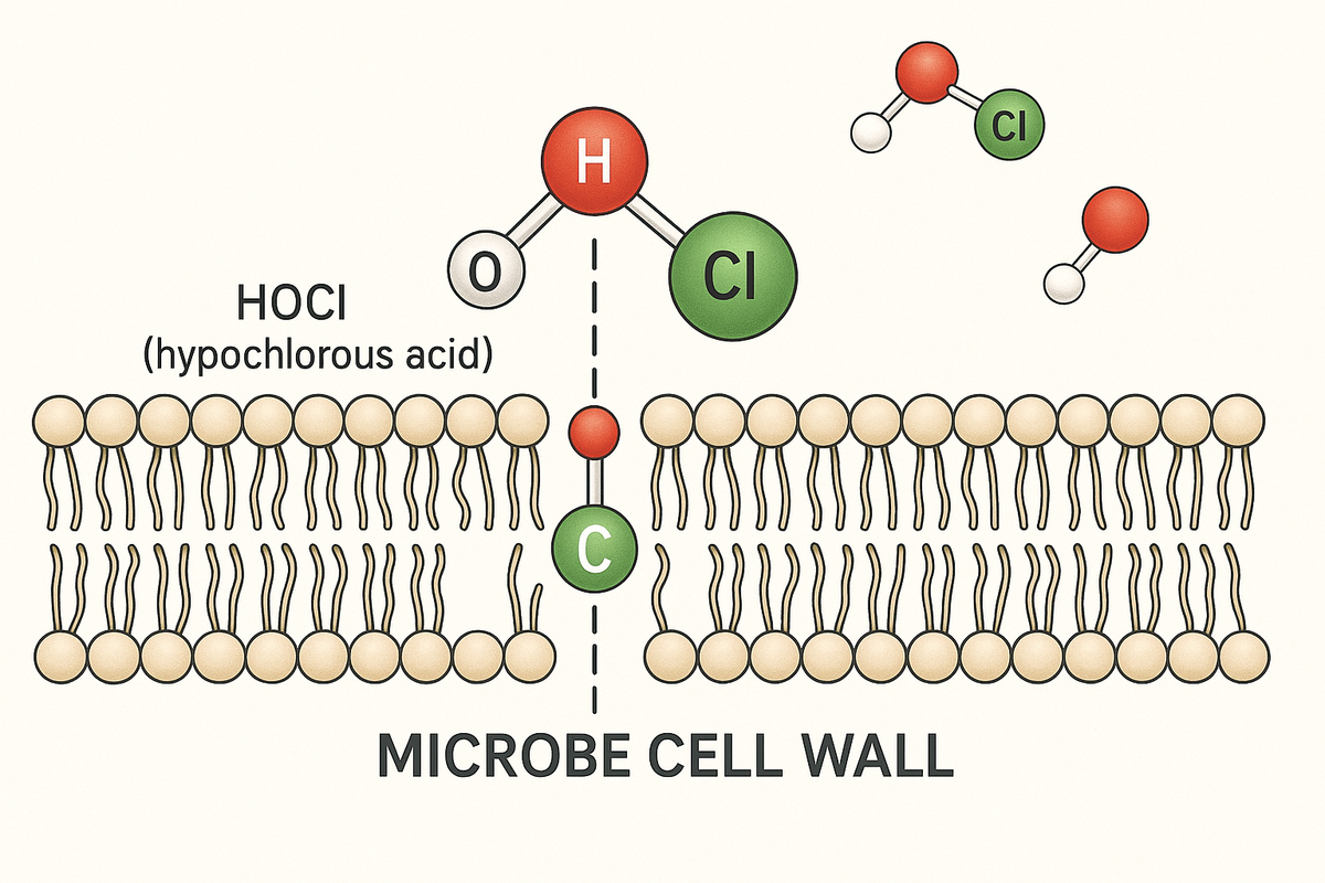 SEO First / Human 2nd: Hypochlorous acid HOCl molecule penetrating a microbe cell wall; scientific diagram illustrating how the neutral charge of River Refresh HOCl allows it to bypass cellular barriers for high-performance cleaning.