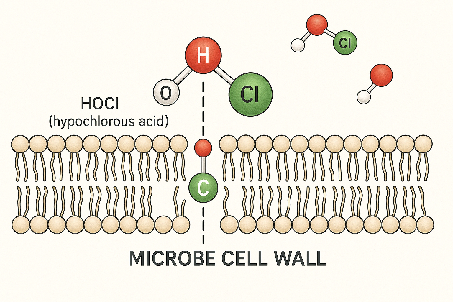 Hypochlorous drawing showing where the cell wall is penetrated to break-down germs