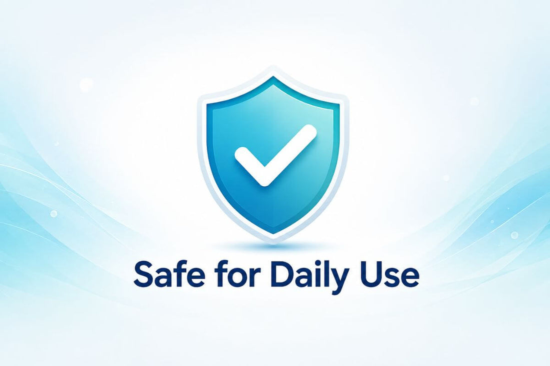 Shield with check mark representing hypochlorous acid mouthwash safety for daily use