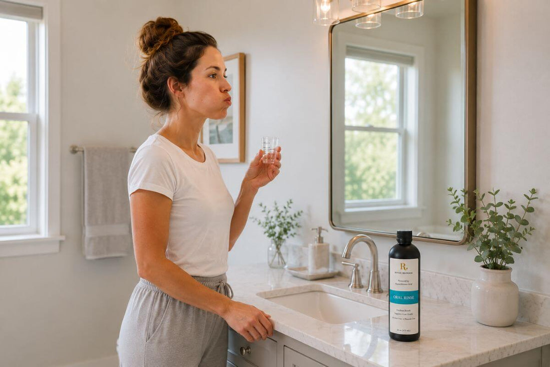 Woman swishing River Refresh hypochlorous acid oral rinse at a bathroom sink