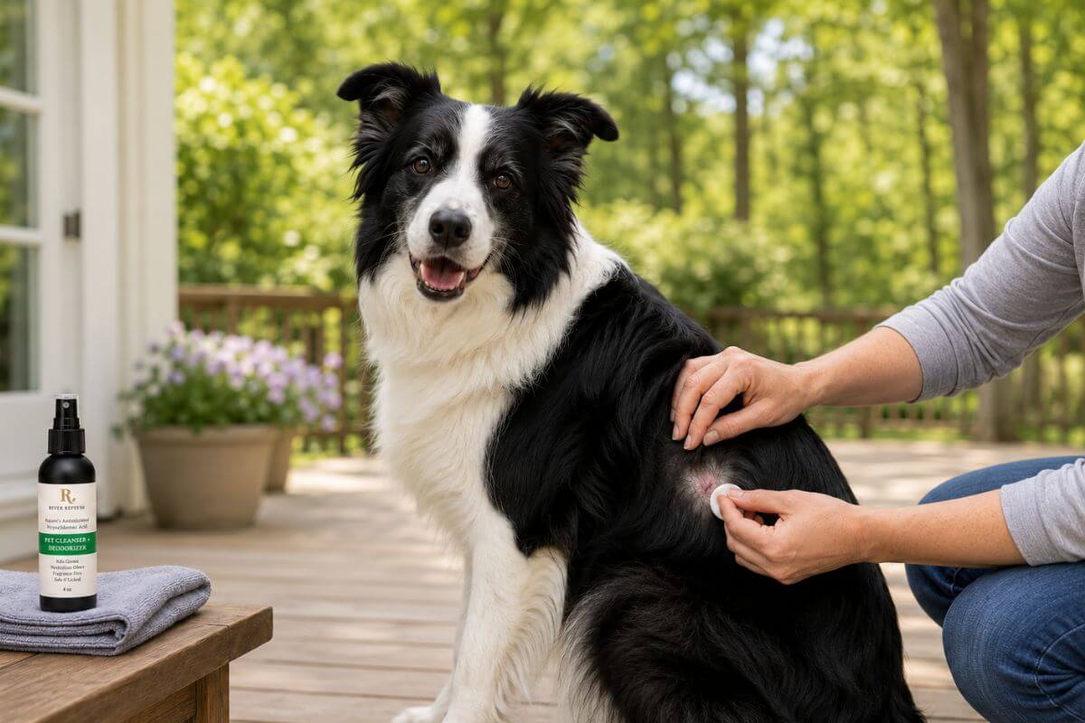 border collie on porch with owner applying hypochlorous acid to hot spot