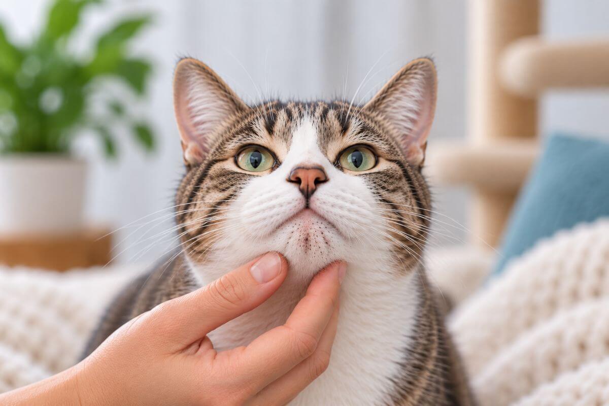 Cat with chin acne having its chin gently examined