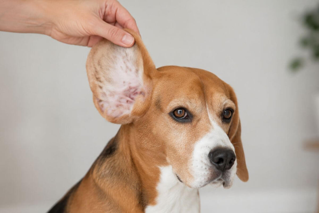 Beagle dog having ear lifted to show splotchy inner ear flap