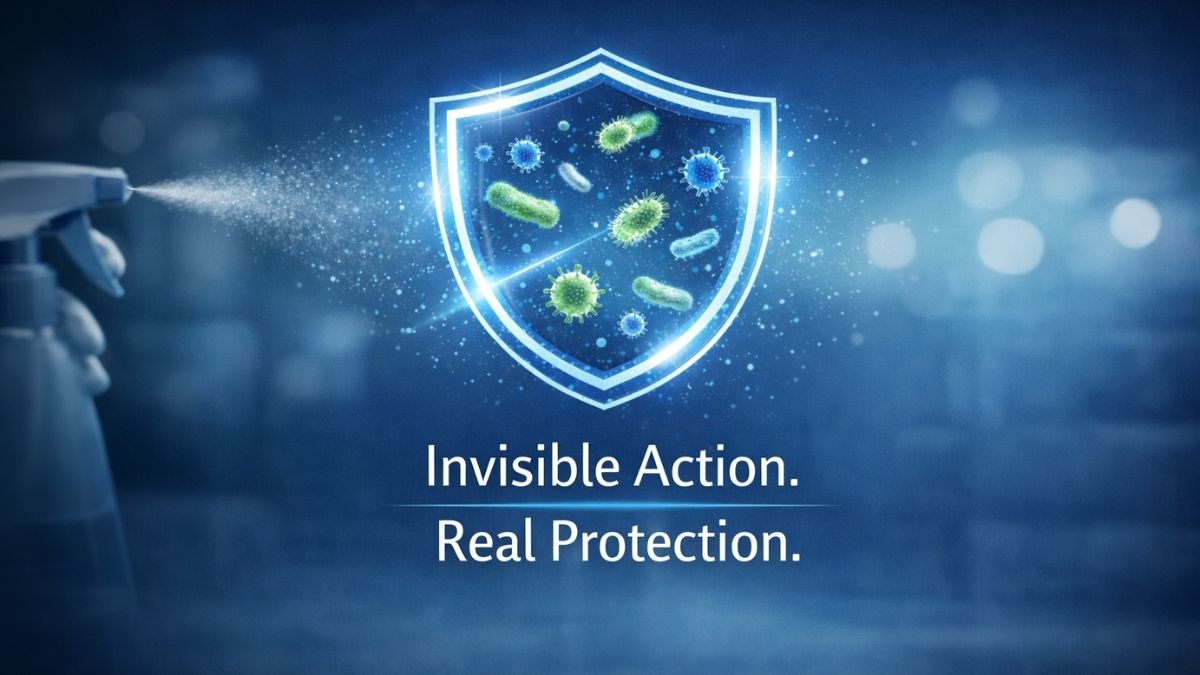 Spray bottle releasing mist toward a glowing protective shield blocking bacteria and viruses on a blue background.