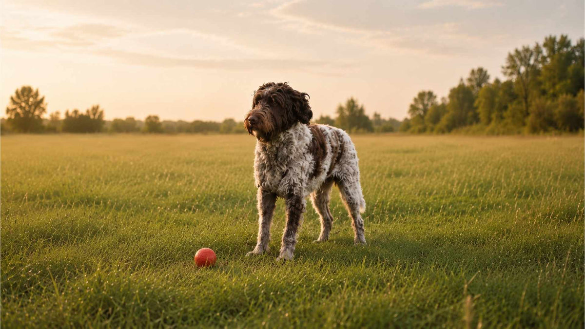 Dog in a grassy field with a red ball for hypochlorous acid dog care, odor, paws and between-bath freshness