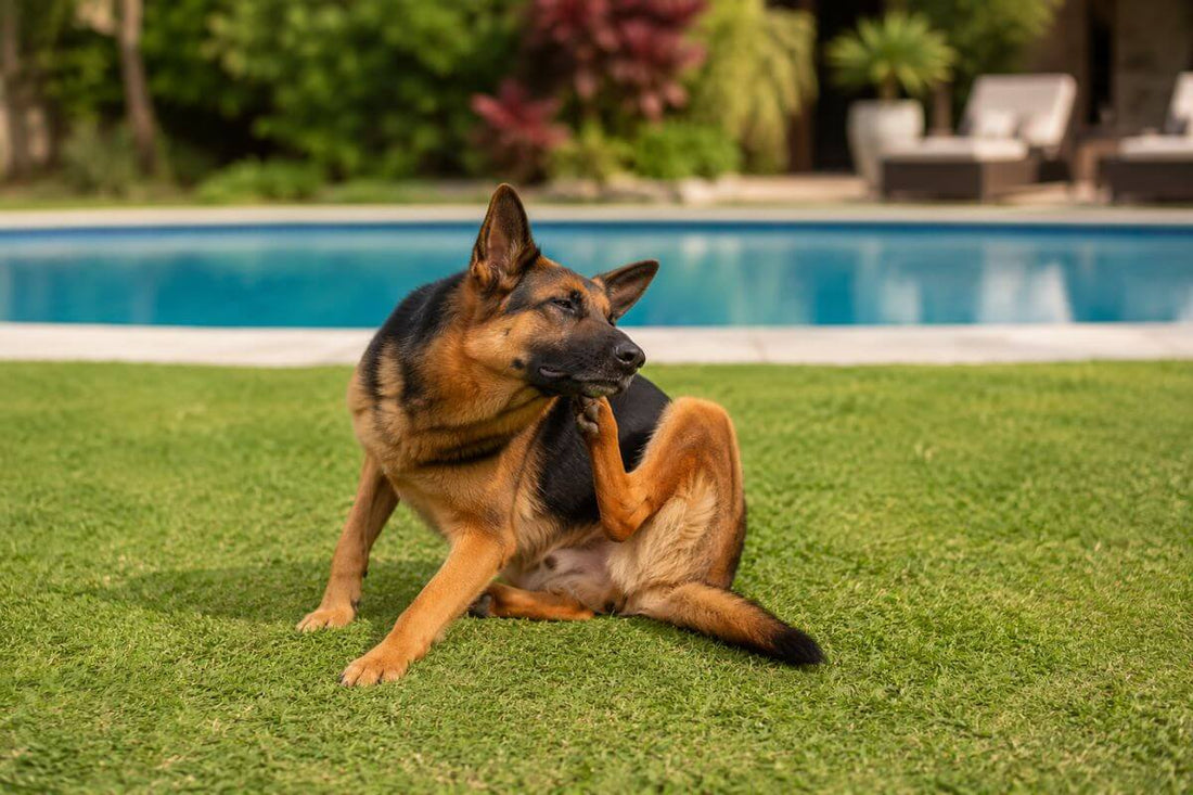 german sheppard dog sitting on grass in front of a pool itching chin with back leg 