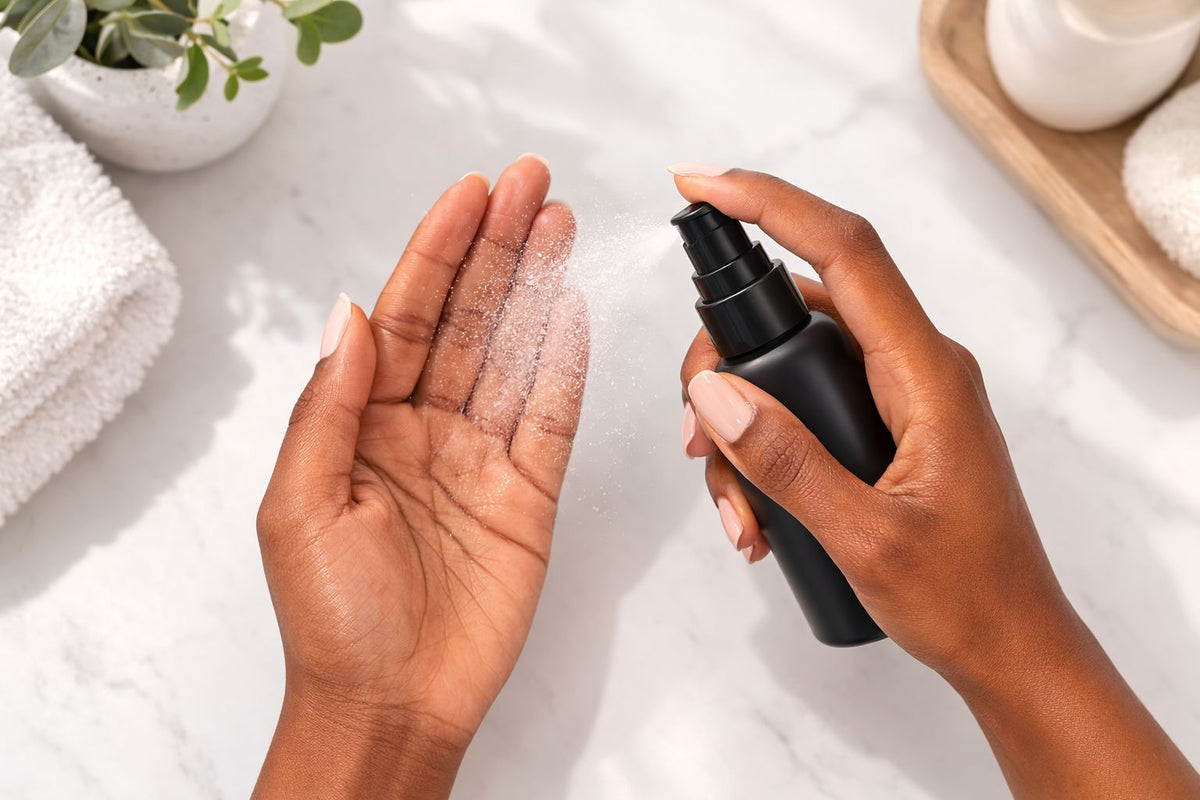 Black woman spraying hypochlorous acid mist from a matte black bottle onto her hand for skincare and skin hygiene.