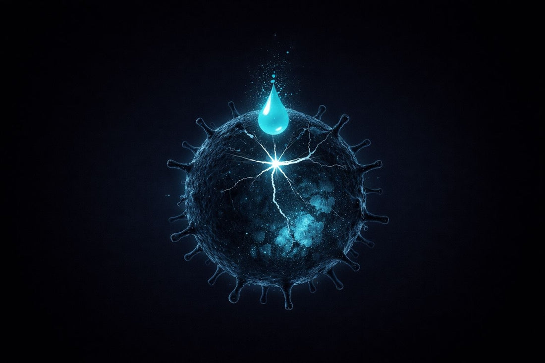 Hypochlorous acid droplet contacting a germ-like surface, showing penetration and internal disruption