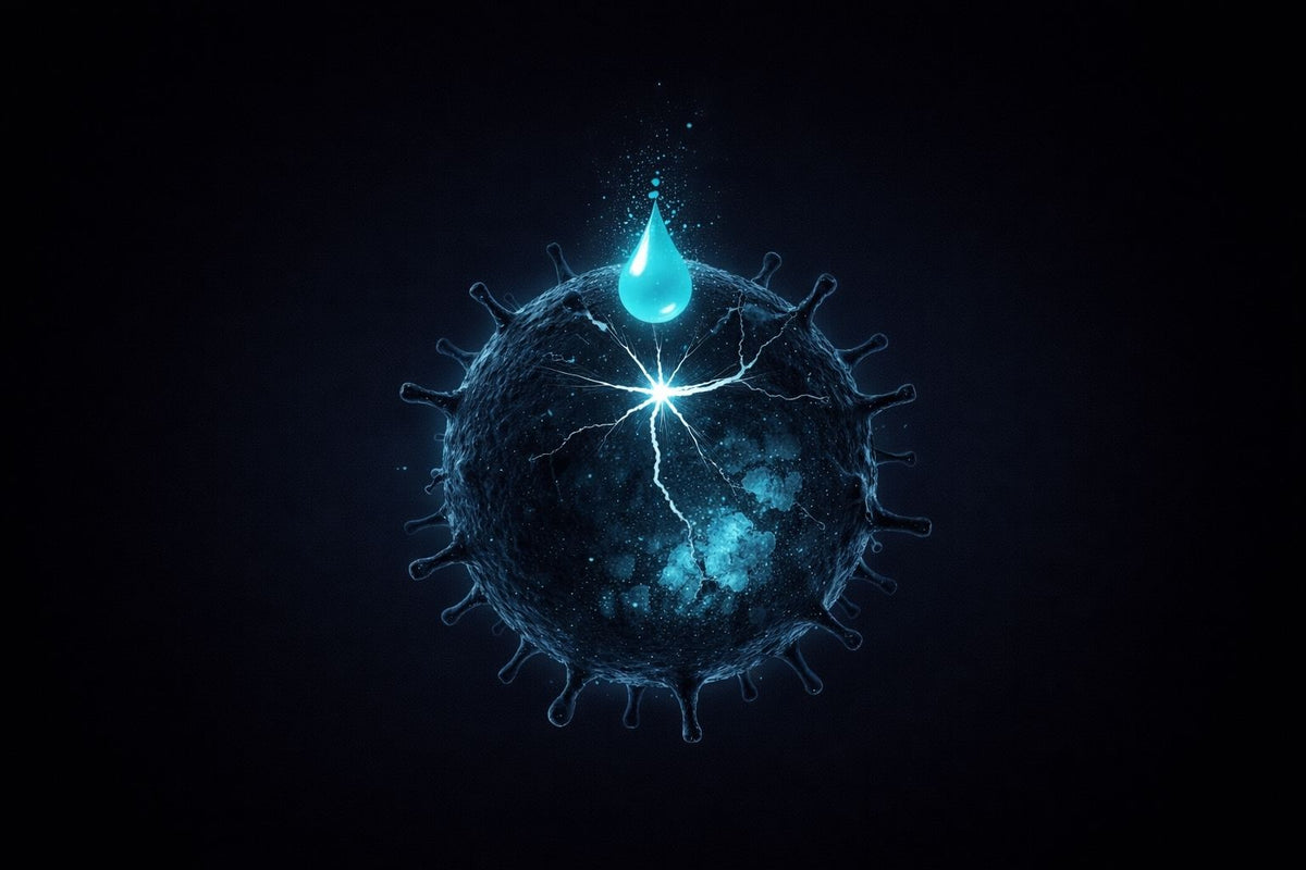 Hypochlorous acid droplet contacting a germ-like surface, showing penetration and internal disruption