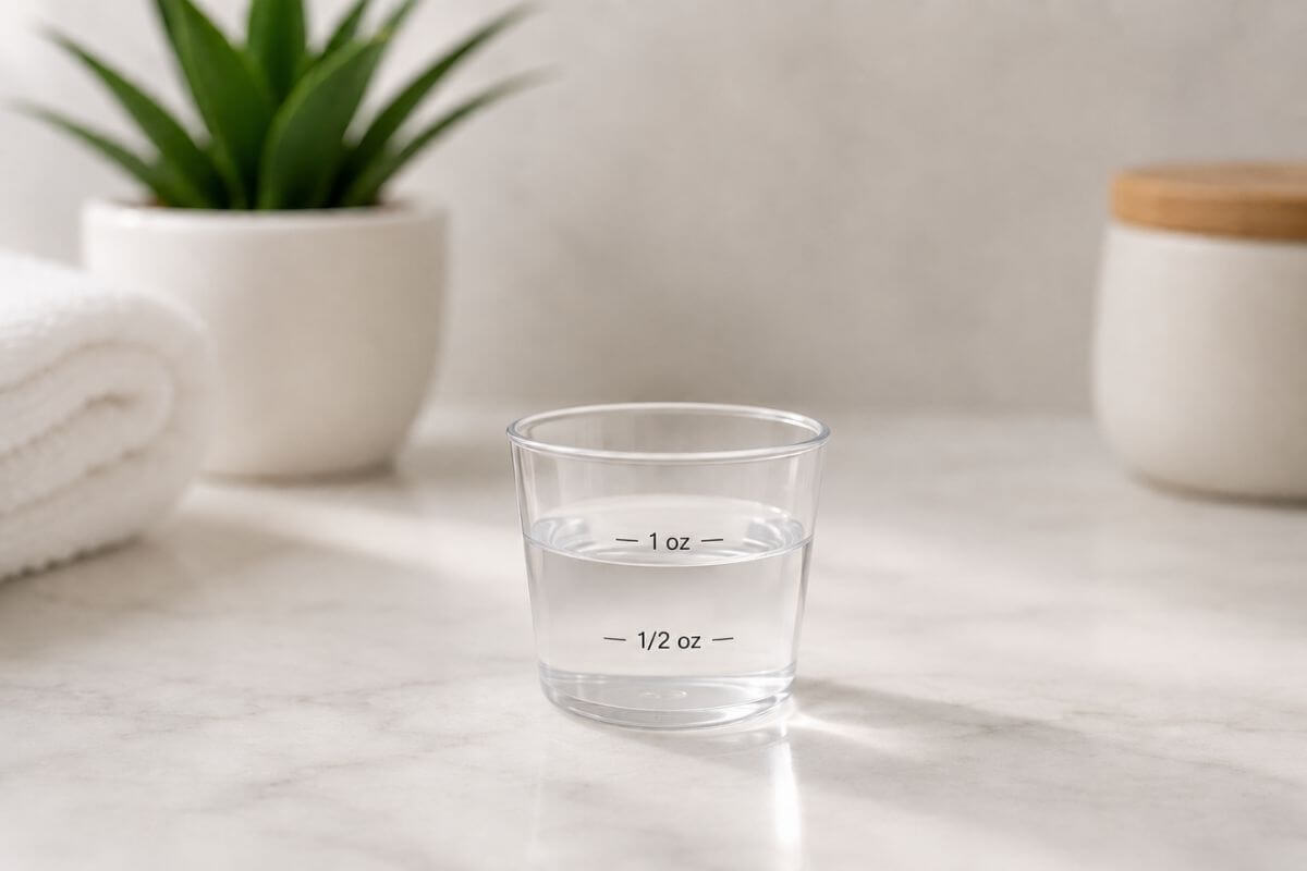 Clear measuring cup filled with hypochlorous acid oral rinse to the 1 oz mark for fresh breath and good daily oral hygiene