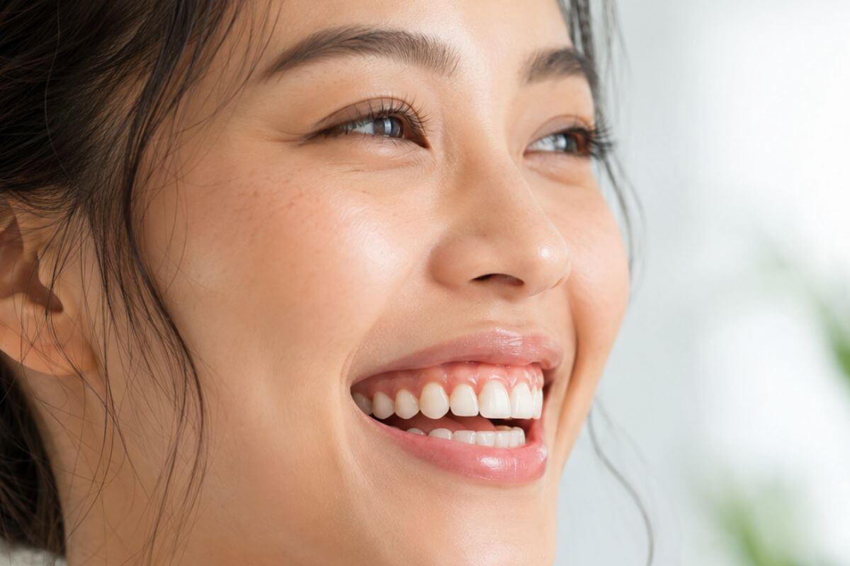 Asian woman smiling with healthy gums for hypochlorous acid mouthwash gum health article