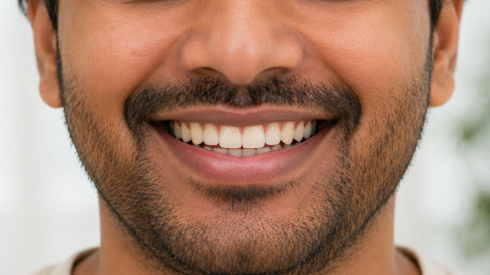 Close-up of an Indian man smiling, showing natural teeth, representing hypochlorous acid oral care and fresh breath