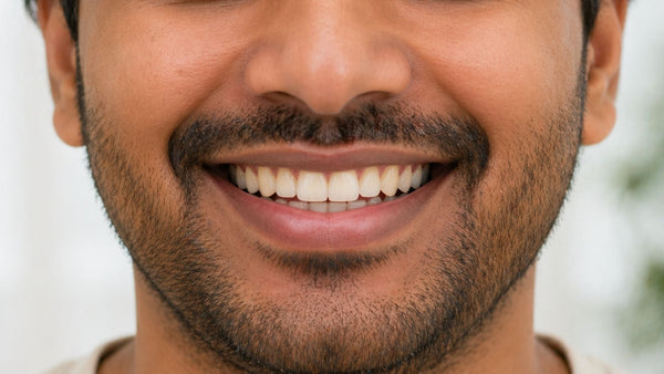 Close-up of an Indian man smiling, showing natural teeth, representing hypochlorous acid oral care and fresh breath