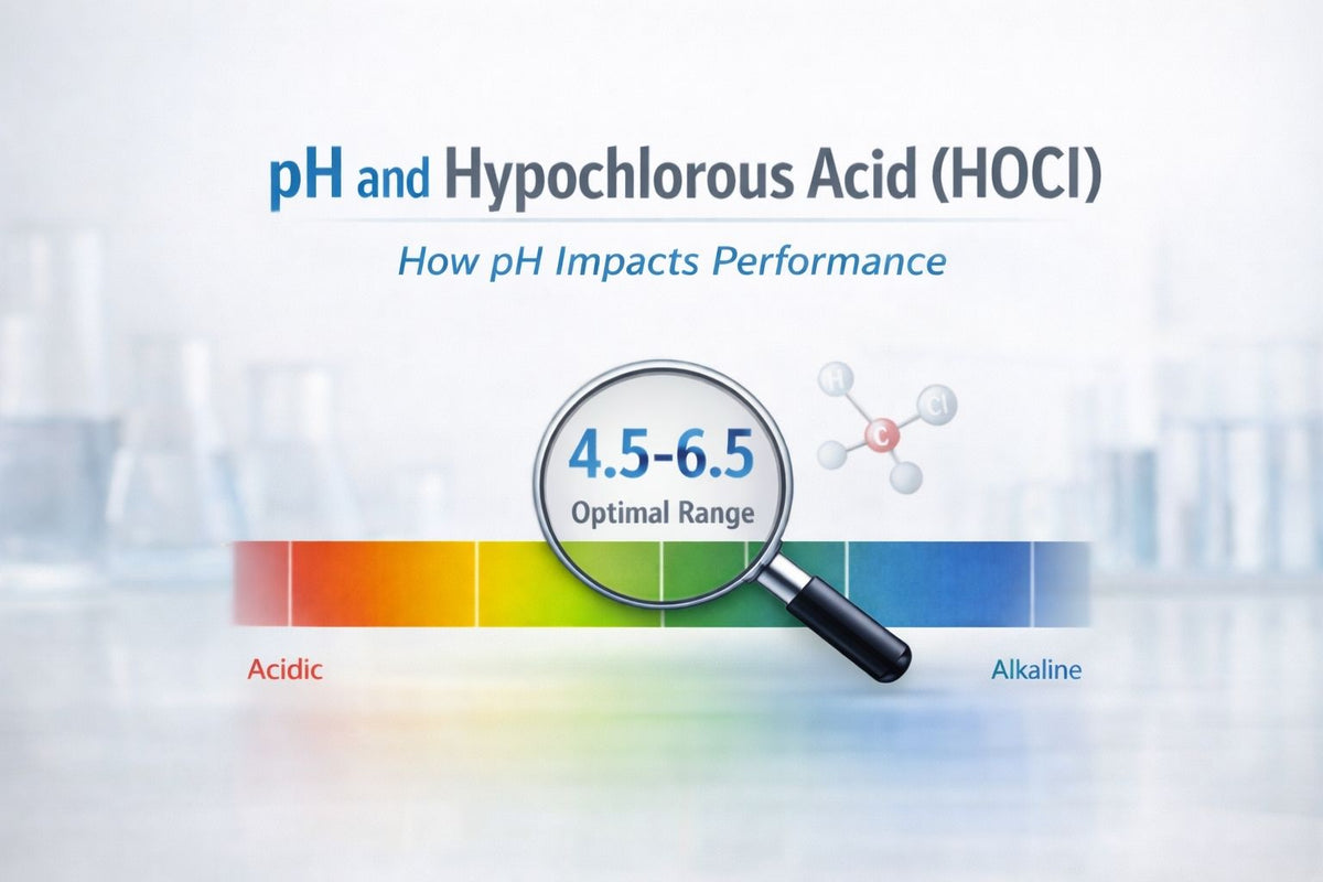 pH scale showing optimal hypochlorous acid (HOCl) range of 4.5 to 6.5 where it performs most effectively