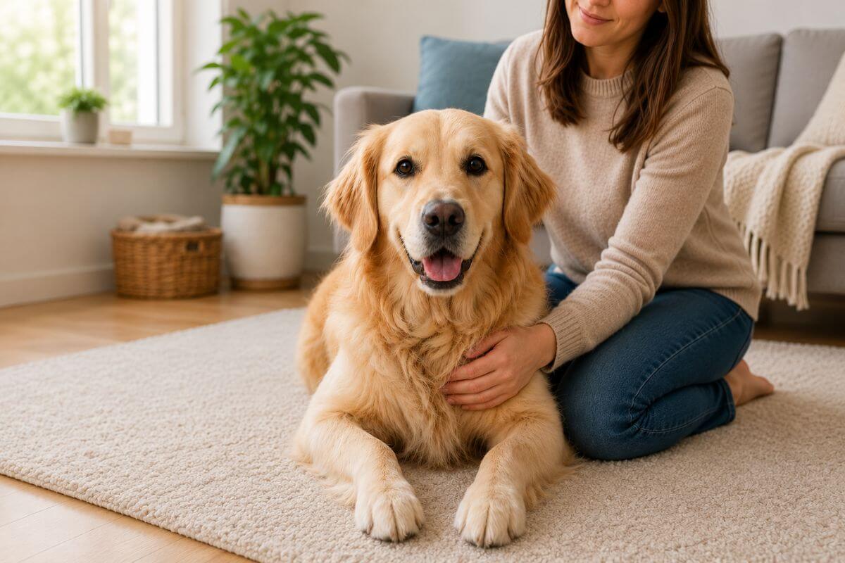 Calm golden retriever with owner for hypochlorous acid dog safety article.