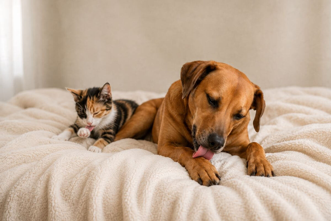 dog and kitten laying on bed licking paws