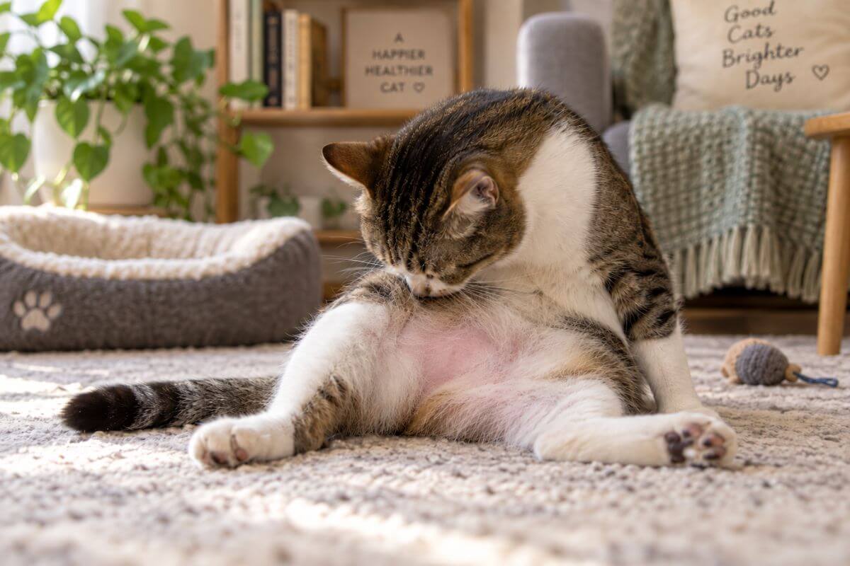 Cat grooming an overgroomed belly with thinning fur and irritated skin