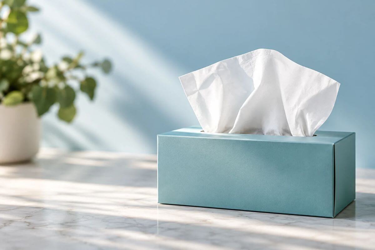 Blue tissue box with white tissues on a marble countertop, illustrating everyday cold and flu season hygiene.
