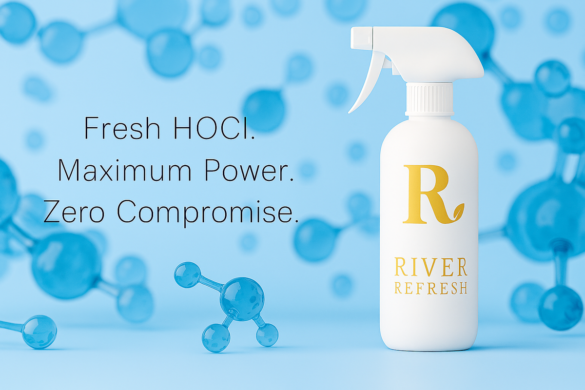 Molecular structure of hypochlorous acid HOCl with River Refresh spray bottle on blue background; demonstrating fresh HOCl for maximum power and zero compromise on safety