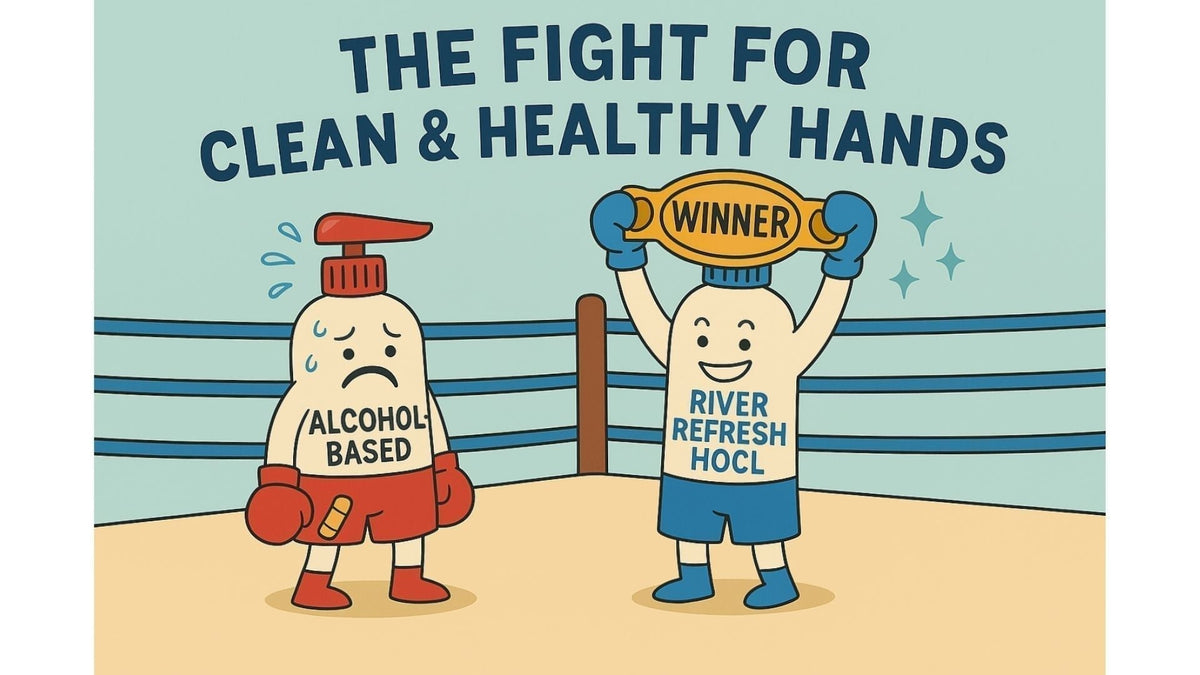 Hypochlorous Acid HOCl hand sanitizer alternative vs alcohol-based gels; boxing ring graphic with River Refresh winner banner demonstrating high-performance clean hands without skin risk.