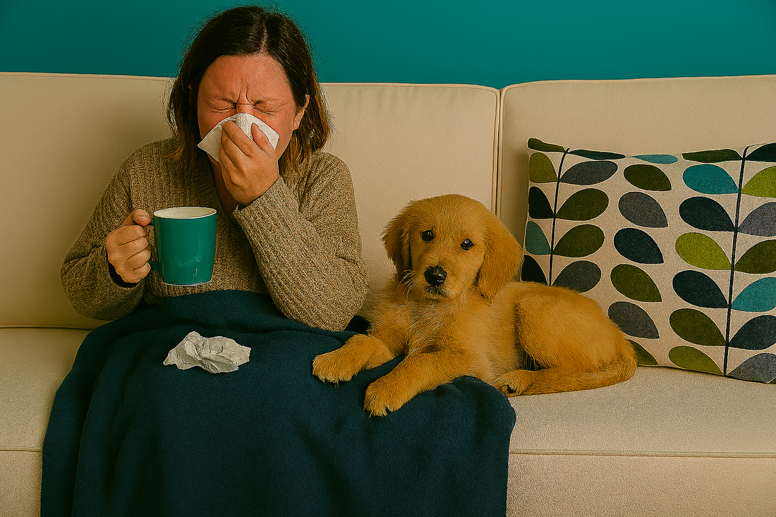 Lady on a couch sneezing with Kleenex in hand and puppy next to her on a blanket