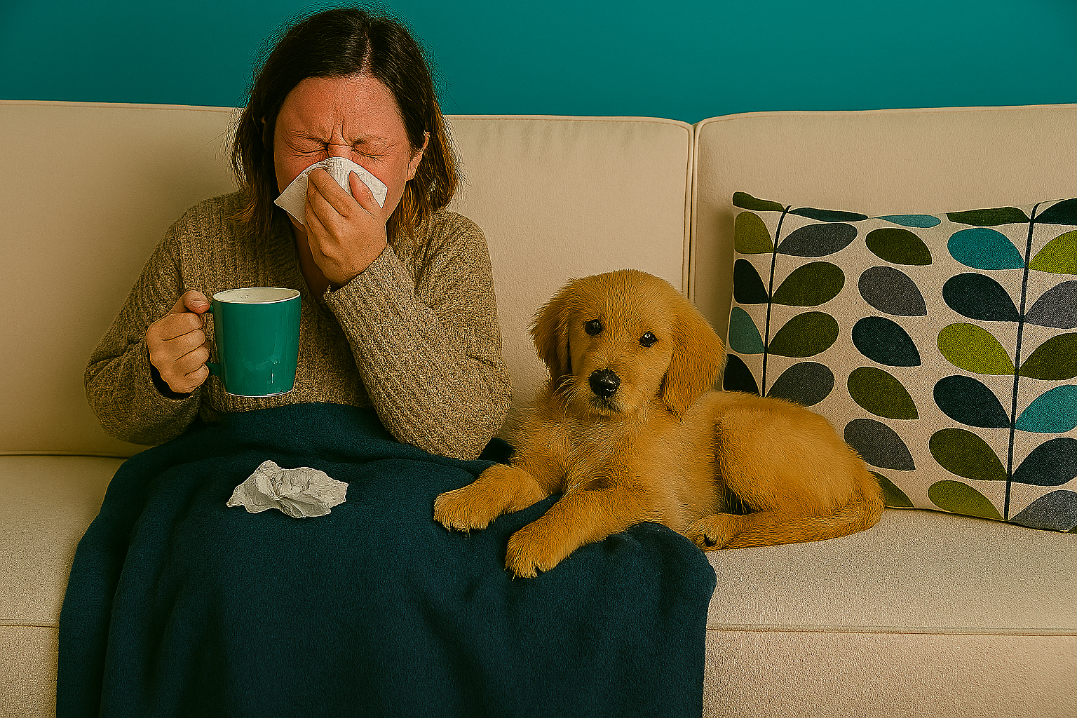 Lady on a couch sneezing with Kleenex in hand and puppy next to her on a blanket