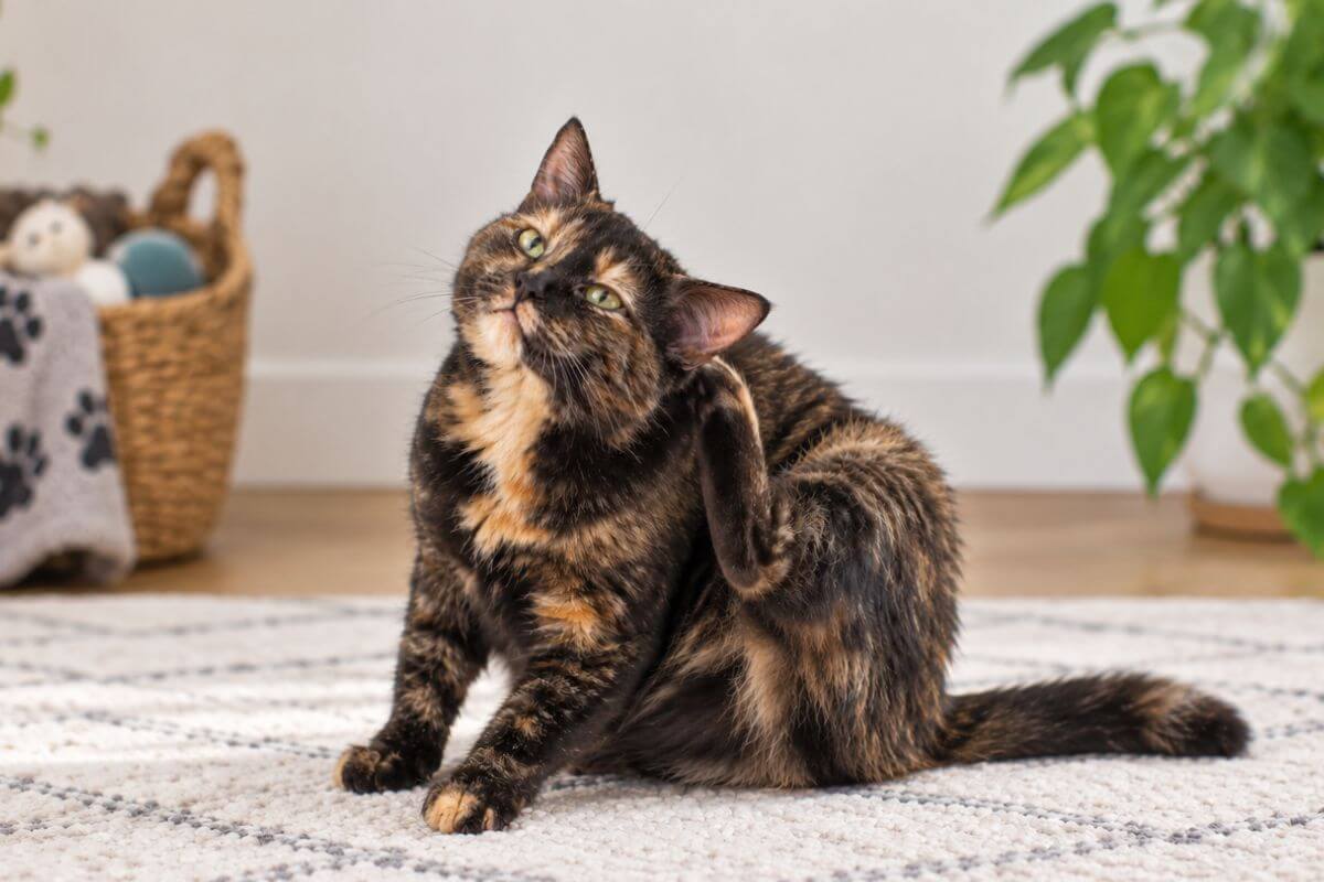 Tortoiseshell cat scratching her ear with a back paw while sitting on a rug.