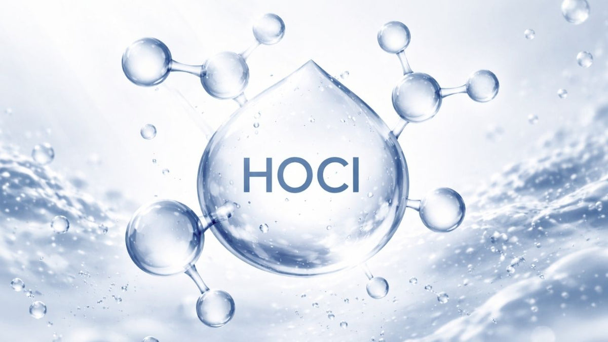 Hypochlorous acid (HOCl) molecule structure in water showing antimicrobial properties
