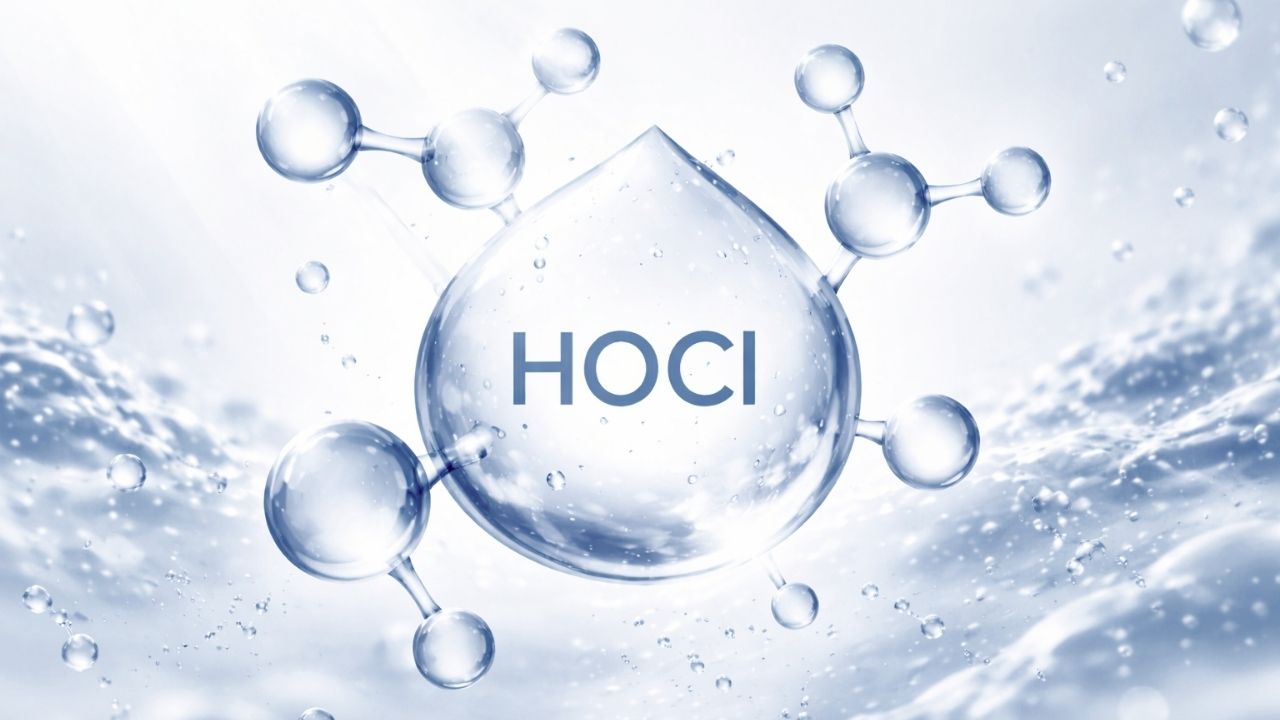Hypochlorous acid (HOCl) molecule structure in water showing antimicrobial properties