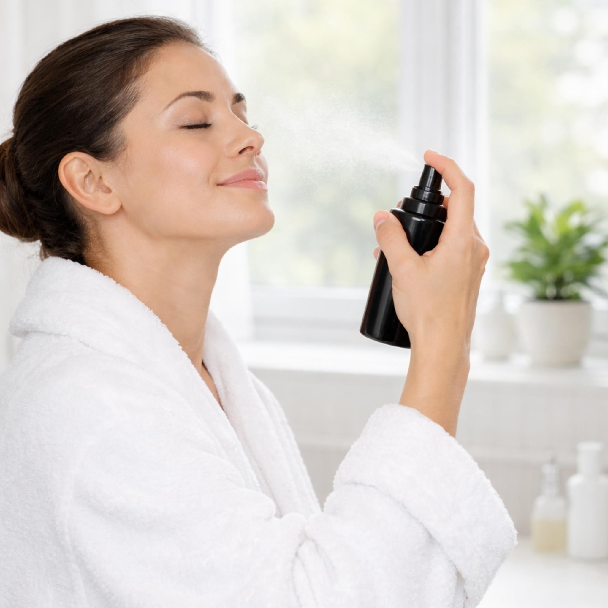 Lady in white robe spraying face with River Refresh Hypochlorous Facial Spray