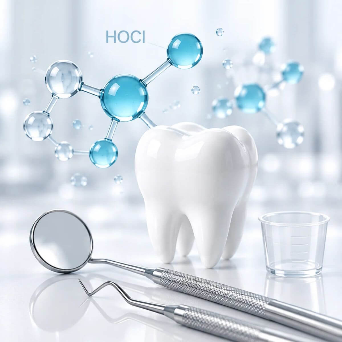 HOCl molecular illustration alongside a white tooth model, dental mirror, instruments and clear measuring cup, representing hypochlorous acid oral care research.