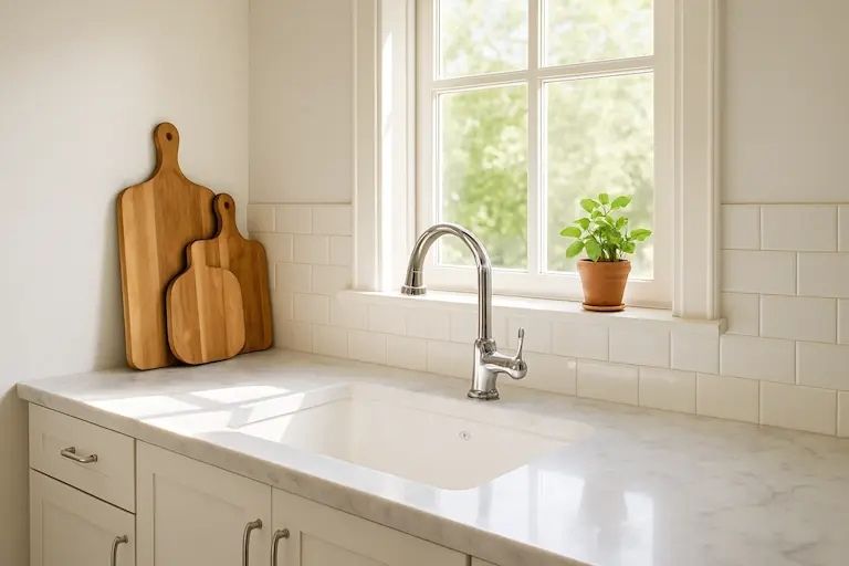 kitchen-scene-white-counters-walls-with-sink-overlooking-window-plant-and-chopping-blocks-on-counter