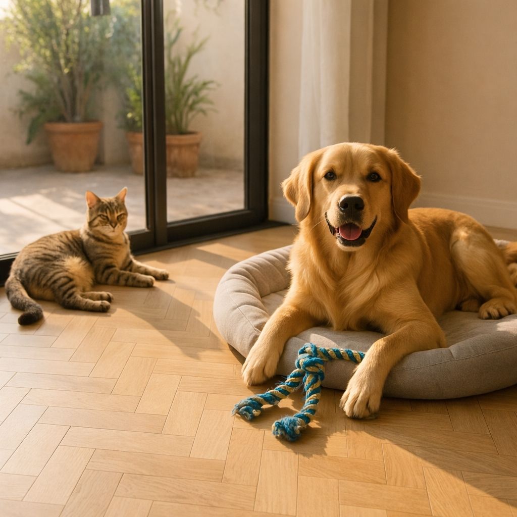 cat and dog on wood floor in front of sliding glass door