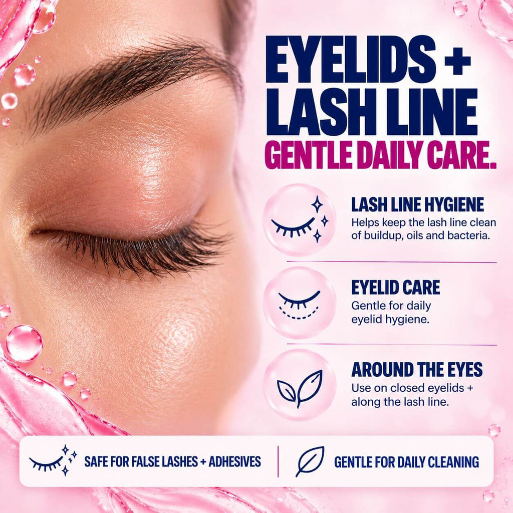 River Refresh Hypochlorous Acid Spray Facial Cleanser promotional graphic for eyelid and lash line daily care, featuring a close-up of a closed eye with long lashes on a pink background with text and icons describing benefits such as lash line hygiene, eyelid care, and gentle use on closed eyelids.