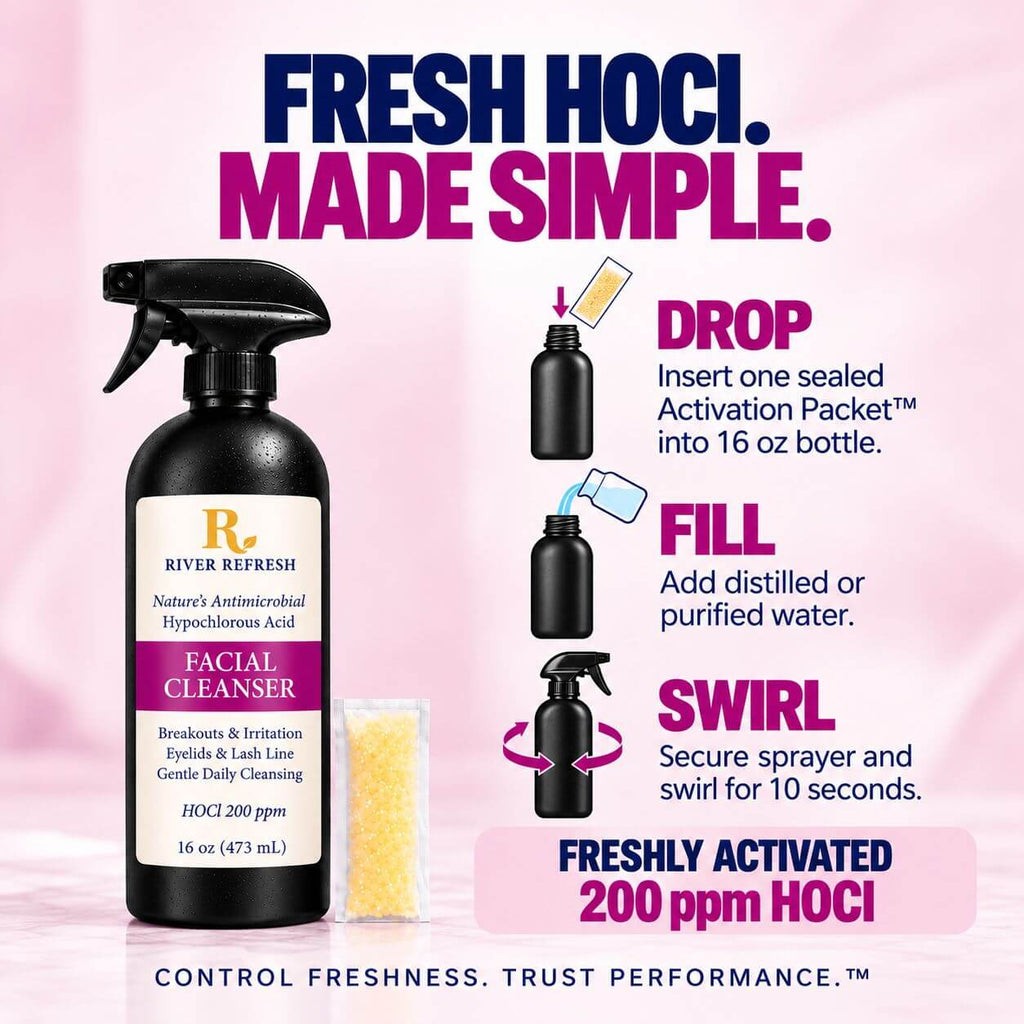 River Refresh Hypochlorous Acid Spray Facial Cleanser 16 oz spray bottle in black with a white and magenta label, shown next to an activation packet on a pink background with instructional text and icons.
