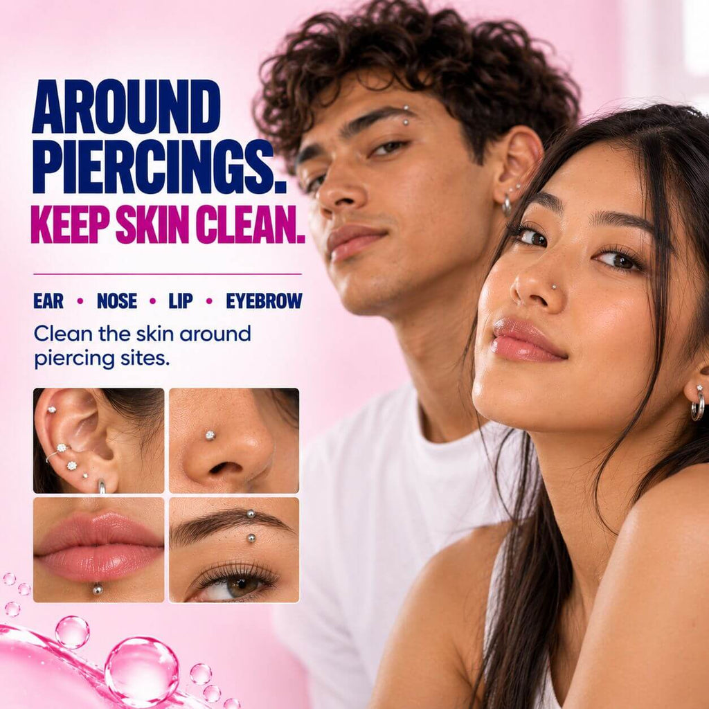 River Refresh Hypochlorous Acid Spray Facial Cleanser promotional beauty ad with a man and woman wearing multiple facial piercings, text reading 'Around Piercings. Keep Skin Clean.