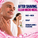 River Refresh Hypochlorous Acid Spray Facial Cleanser promotional skincare graphic for a facial cleansing product. A bald man in the foreground touches his neck and jawline, with a blurred woman in the background looking in a mirror.
