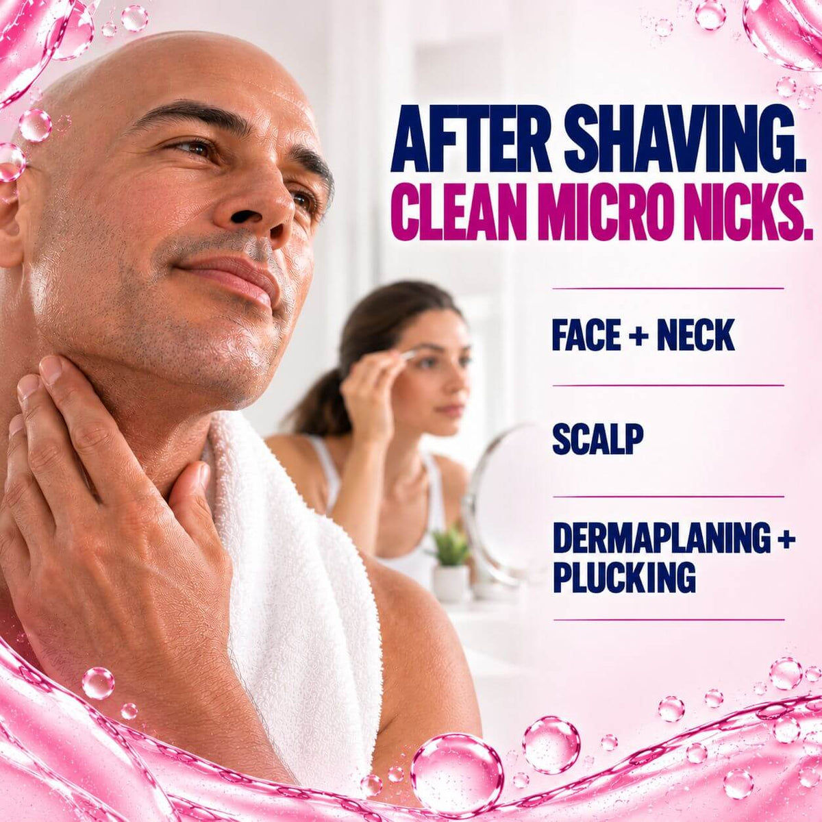River Refresh Hypochlorous Acid Spray Facial Cleanser promotional skincare graphic for a facial cleansing product. A bald man in the foreground touches his neck and jawline, with a blurred woman in the background looking in a mirror.
