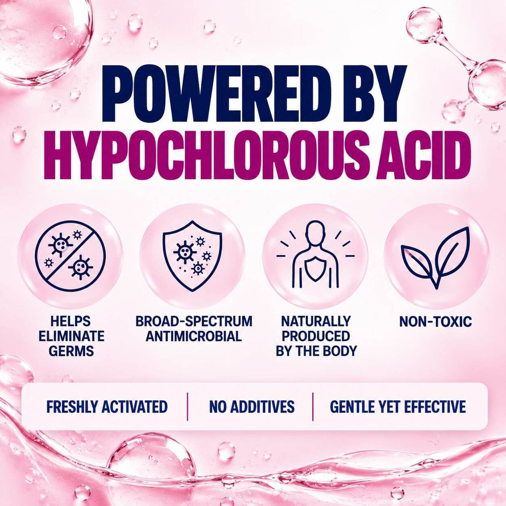 River Refresh Hypochlorous Acid Spray Facial Cleanser promotional graphic with large text reading 'POWERED BY HYPOCHLOROUS ACID' on a pink background with water droplets, germ and shield icons, and feature callouts about eliminating germs, broad-spectrum antimicrobial action, natural production, and non-toxic safety.