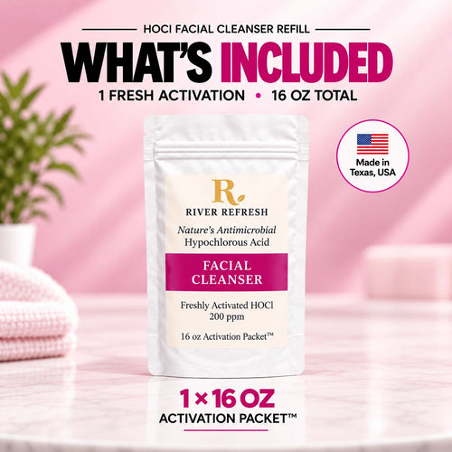 River Refresh Hypochlorous Acid Spray Facial Cleanser Refill with one 16 oz Activation Packet for one fresh activation.