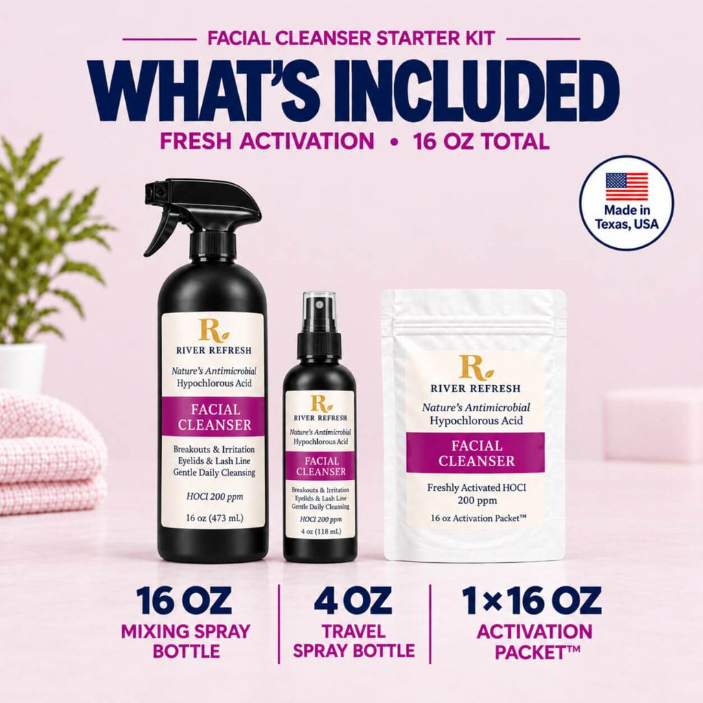 River Refresh Hypochlorous Acid Spray Facial Cleanser Starter Kit with 16 oz mixing spray bottle, 4 oz travel spray bottle and 16 oz Activation Packet.