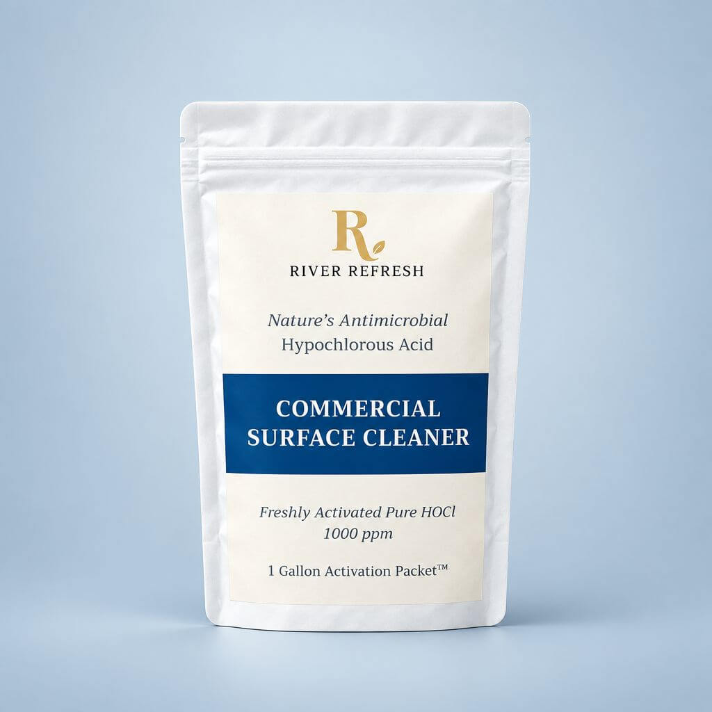 River Refresh Commercial Surface Cleaner - 1 gallon refill in a white pouch set against a light blue background.